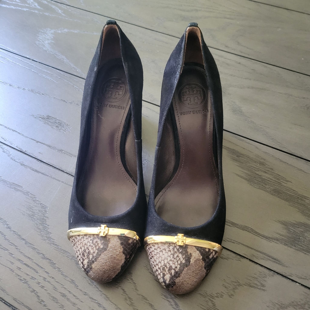 Tory Burch Black Suede Snake Cap Toe Pacey Pumps Shoes